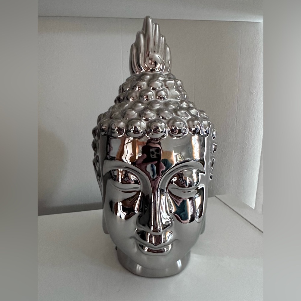 Silver Chrome Buddha Head Sculpture - Decorative Home Art